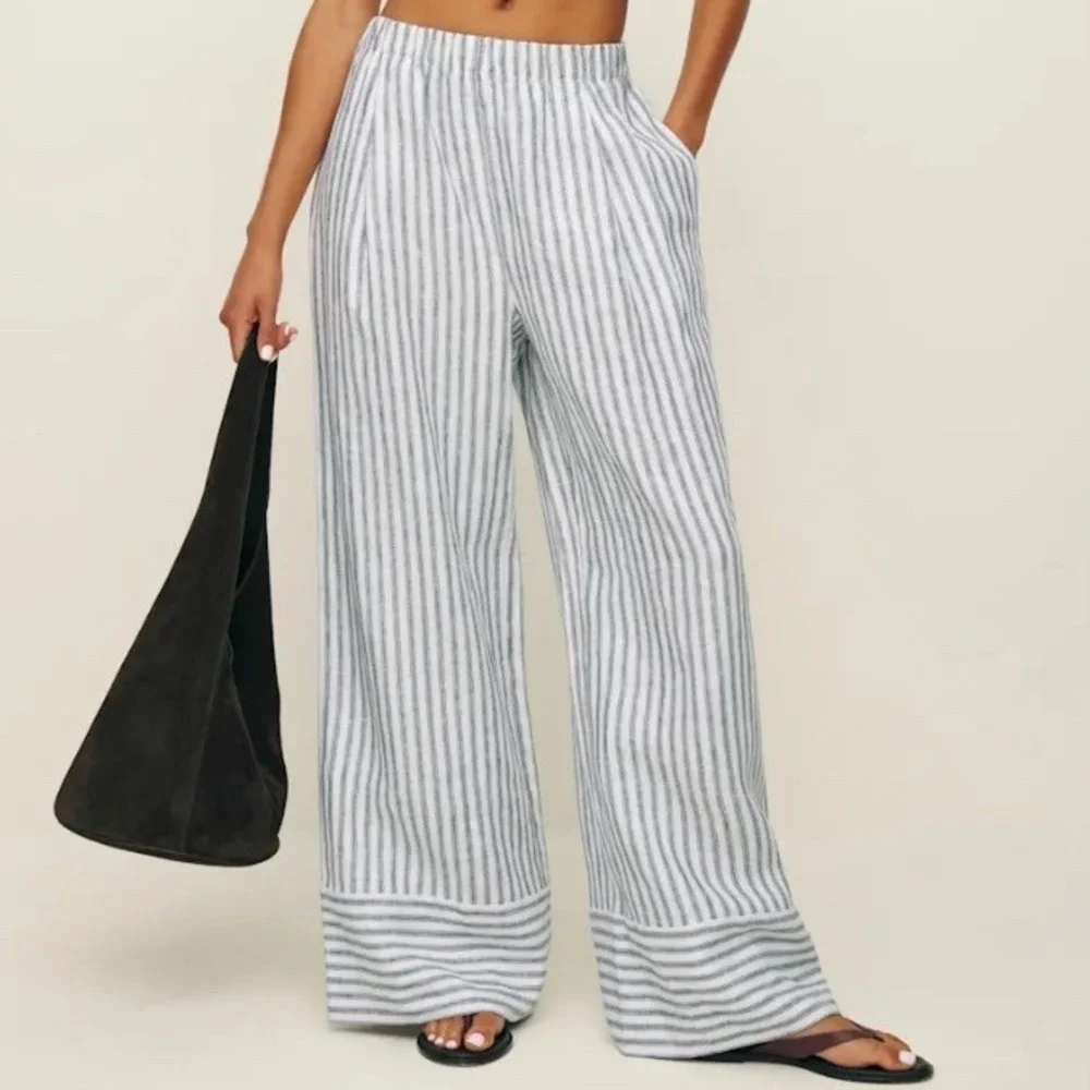 Reformation Linen Striped Pants White Navy MP New With Tags‎